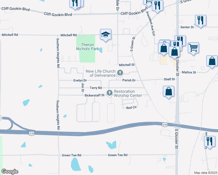 map of restaurants, bars, coffee shops, grocery stores, and more near 998 Terry Road in Tupelo