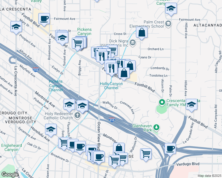 map of restaurants, bars, coffee shops, grocery stores, and more near 4451 Rockland Place in La Cañada Flintridge