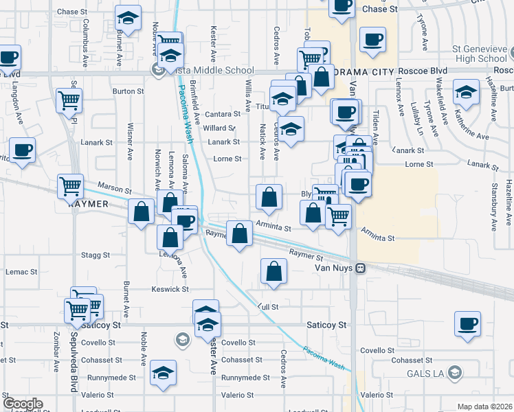 map of restaurants, bars, coffee shops, grocery stores, and more near 14752 Blythe Street in Los Angeles