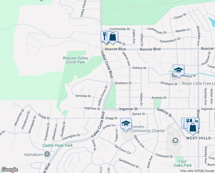 map of restaurants, bars, coffee shops, grocery stores, and more near 7936 Valley Flores Drive in Los Angeles