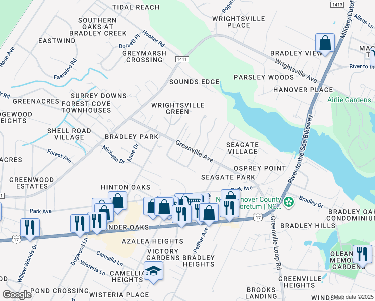 map of restaurants, bars, coffee shops, grocery stores, and more near 240 Greenville Avenue in Wilmington