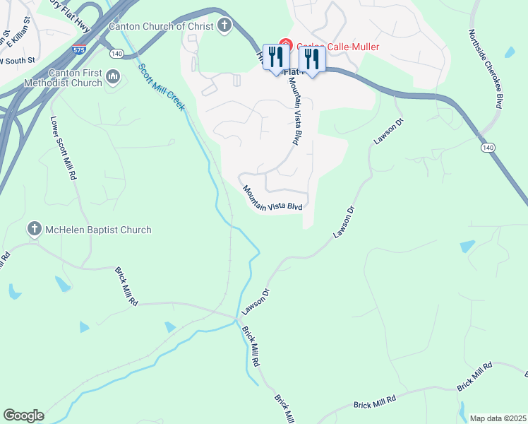 map of restaurants, bars, coffee shops, grocery stores, and more near 206 Mountain Vista Boulevard in Canton