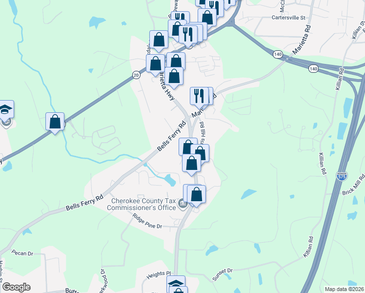 map of restaurants, bars, coffee shops, grocery stores, and more near 2470 Marietta Highway in Canton