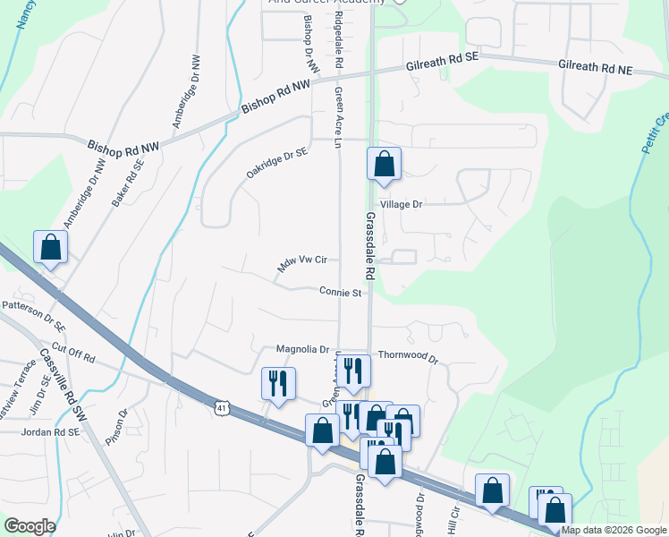 map of restaurants, bars, coffee shops, grocery stores, and more near 209 Green Acre Lane in Cartersville