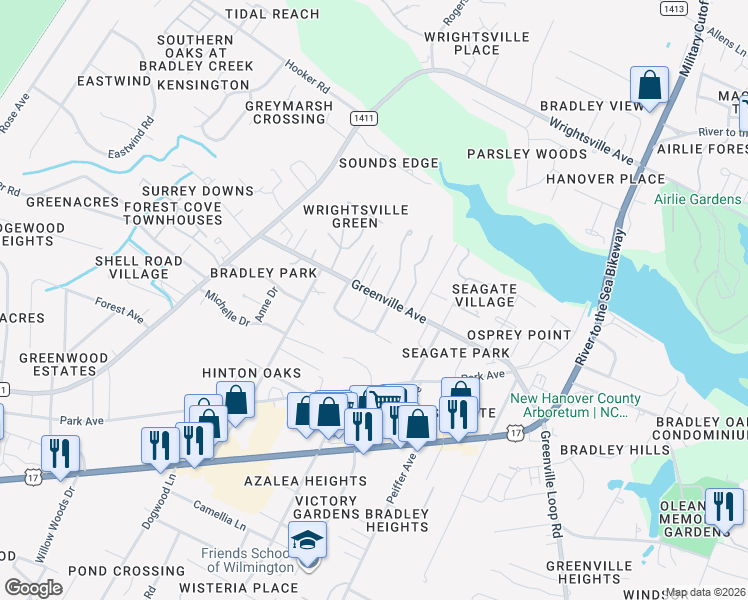 map of restaurants, bars, coffee shops, grocery stores, and more near 240 Greenville Avenue in Wilmington