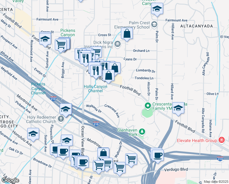 map of restaurants, bars, coffee shops, grocery stores, and more near 2134 La Canada Crest Drive in La Cañada Flintridge