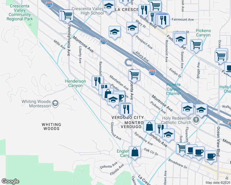 map of restaurants, bars, coffee shops, grocery stores, and more near 2901 Hermosa Avenue in Glendale