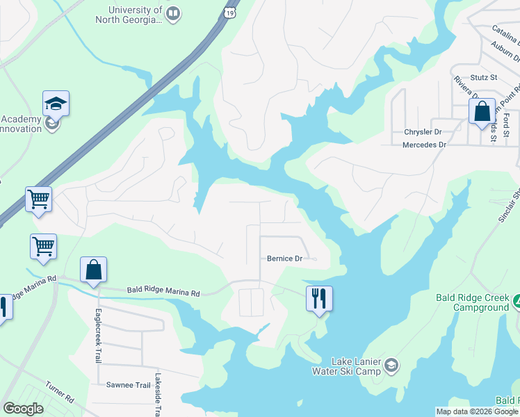 map of restaurants, bars, coffee shops, grocery stores, and more near 2030 Peachtree Road in Cumming