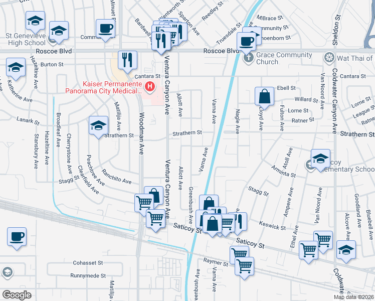 map of restaurants, bars, coffee shops, grocery stores, and more near 13445 Blythe Street in Los Angeles