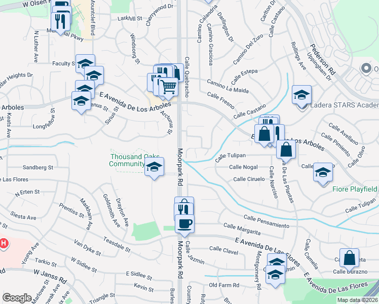 map of restaurants, bars, coffee shops, grocery stores, and more near 2654 Calle Bienvenido in Thousand Oaks