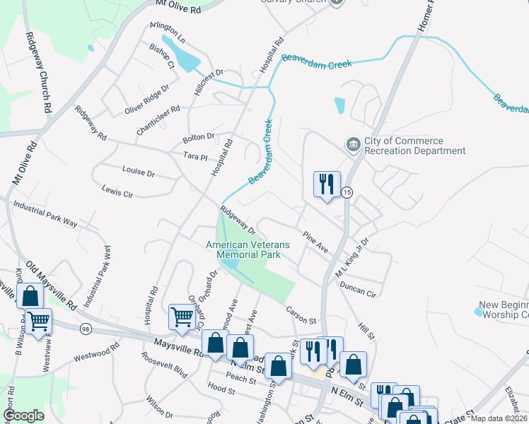 map of restaurants, bars, coffee shops, grocery stores, and more near 53 Woodbine Street in Commerce