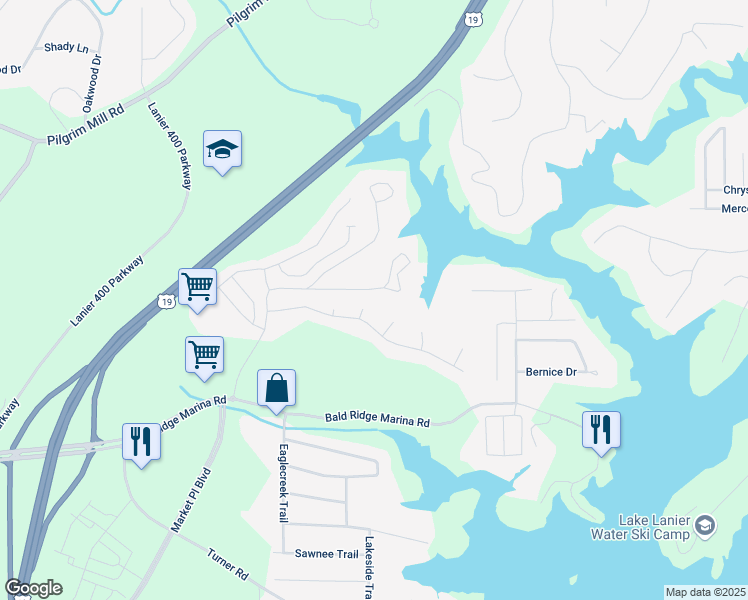 map of restaurants, bars, coffee shops, grocery stores, and more near 1620 Bluewater Court in Cumming