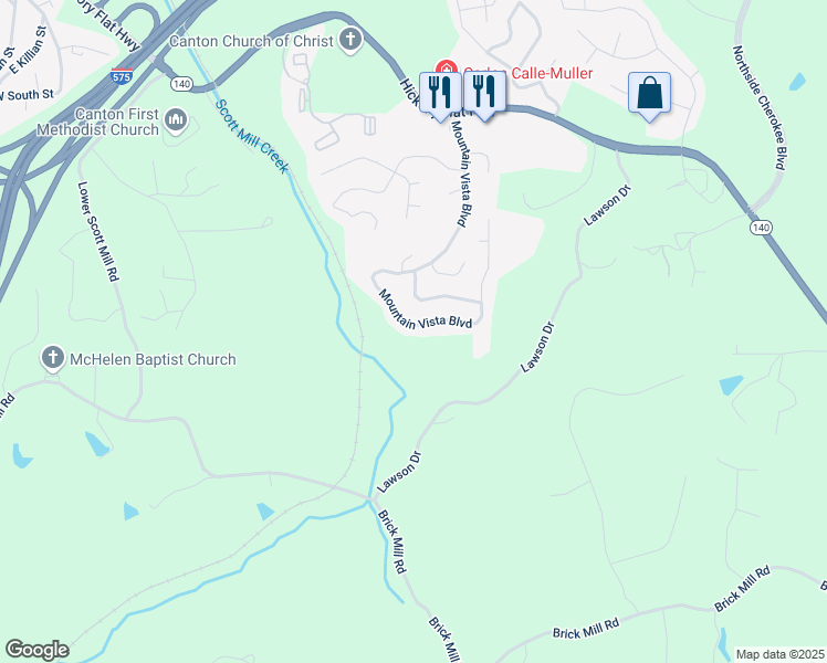 map of restaurants, bars, coffee shops, grocery stores, and more near 206 Mountain Vista Boulevard in Canton