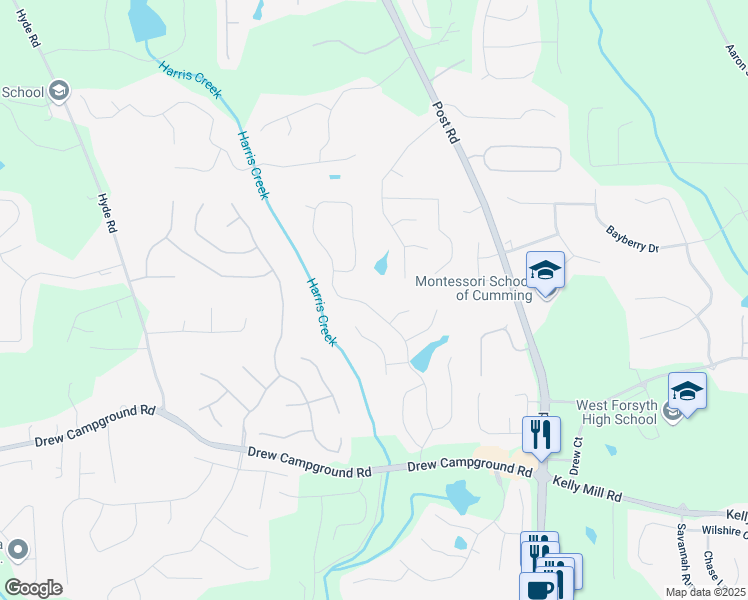 map of restaurants, bars, coffee shops, grocery stores, and more near 4050 Azurite Street in Cumming
