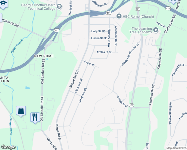 map of restaurants, bars, coffee shops, grocery stores, and more near 211 Alfred Avenue Southeast in Rome