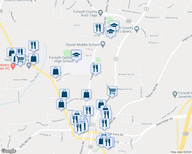 map of restaurants, bars, coffee shops, grocery stores, and more near 230 Elm Street in Cumming