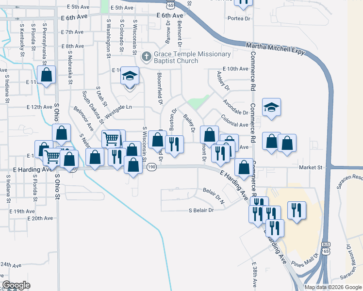 map of restaurants, bars, coffee shops, grocery stores, and more near 2401 Belmoor Avenue in Pine Bluff