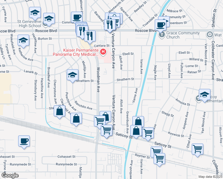 map of restaurants, bars, coffee shops, grocery stores, and more near 7925 Ventura Canyon Ave in Panorama City