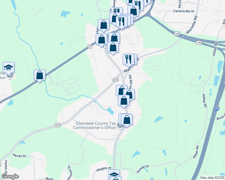 map of restaurants, bars, coffee shops, grocery stores, and more near 12492 Bells Ferry Road in Canton