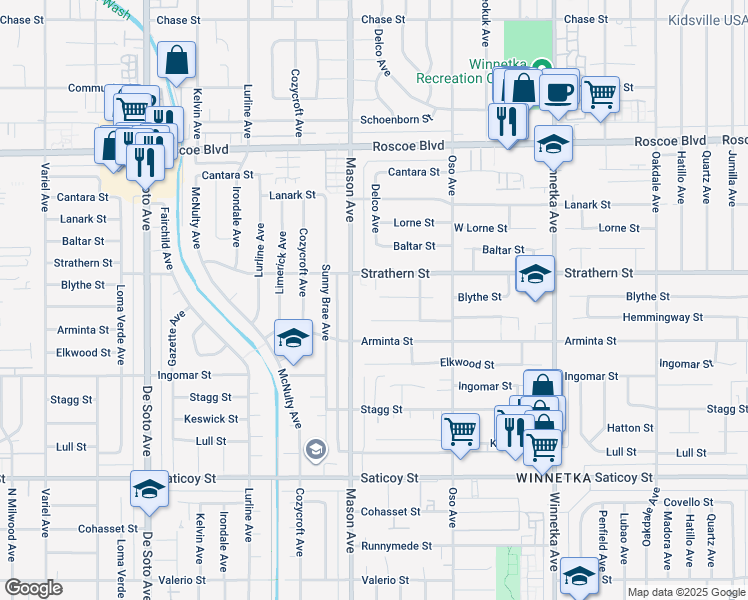 map of restaurants, bars, coffee shops, grocery stores, and more near 20458 Blythe Street in Los Angeles