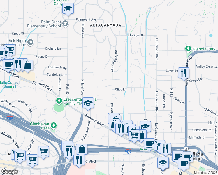 map of restaurants, bars, coffee shops, grocery stores, and more near 4805 Alta Canyada Road in La Cañada Flintridge