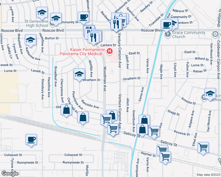 map of restaurants, bars, coffee shops, grocery stores, and more near 7924 Woodman Avenue in Los Angeles