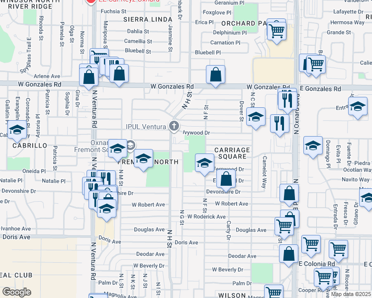 map of restaurants, bars, coffee shops, grocery stores, and more near 1310 North G Street in Oxnard