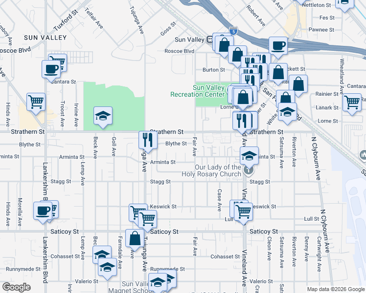 map of restaurants, bars, coffee shops, grocery stores, and more near 11228 Blythe Street in Los Angeles