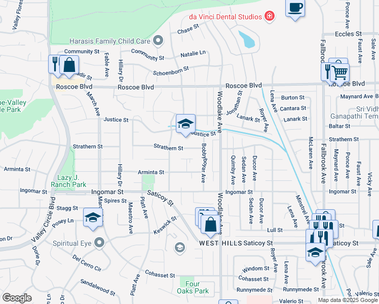 map of restaurants, bars, coffee shops, grocery stores, and more near 23272 Strathern Street in Los Angeles