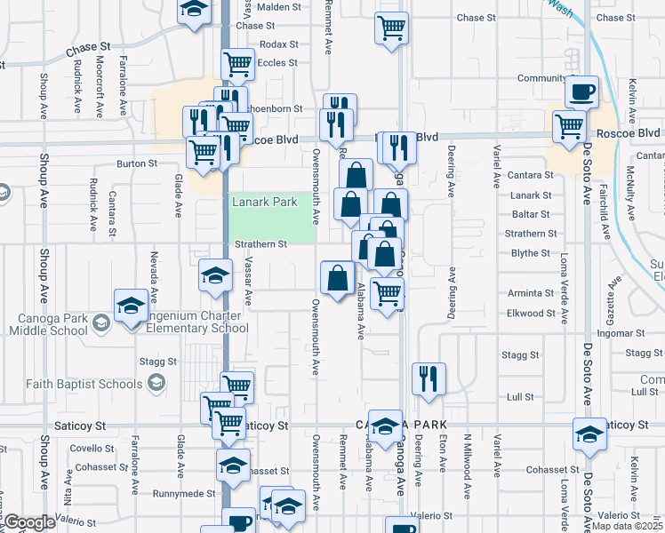map of restaurants, bars, coffee shops, grocery stores, and more near 21520 Strathern Street in Los Angeles