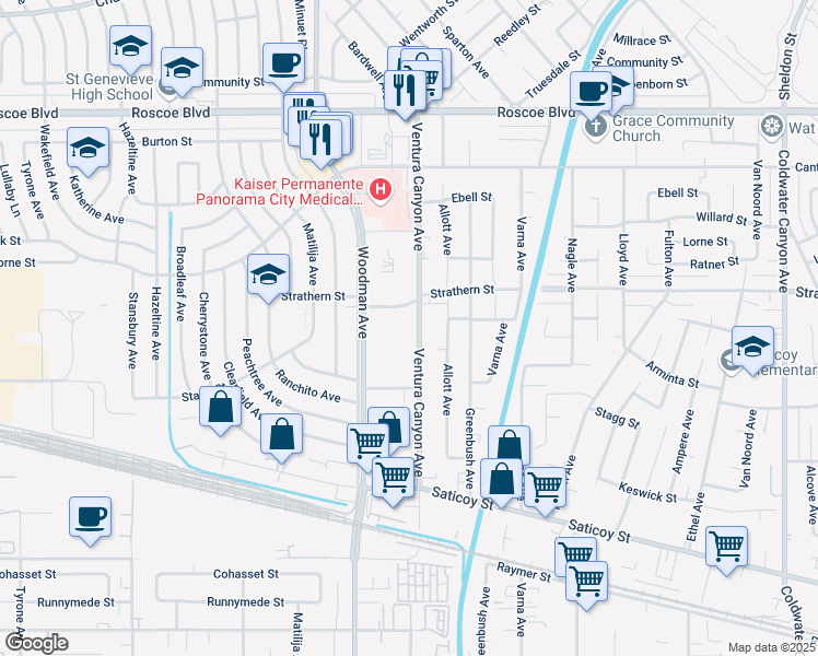 map of restaurants, bars, coffee shops, grocery stores, and more near 7925 Ventura Canyon Avenue in Los Angeles