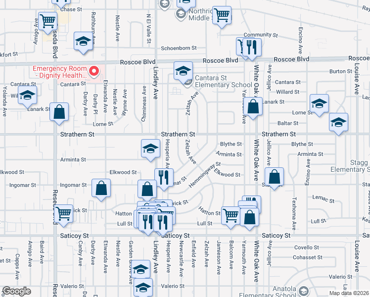 map of restaurants, bars, coffee shops, grocery stores, and more near 7927 Zelzah Avenue in Los Angeles