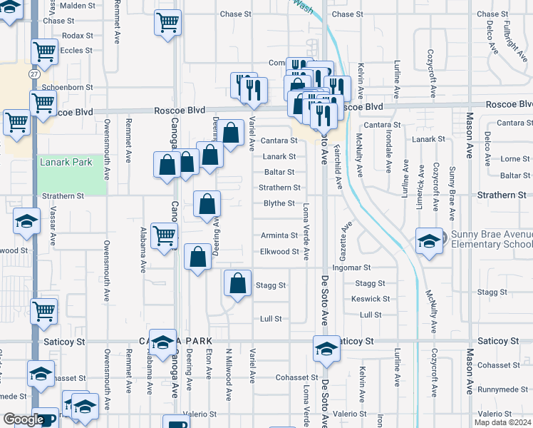 map of restaurants, bars, coffee shops, grocery stores, and more near 21037 Hemmingway Street in Los Angeles