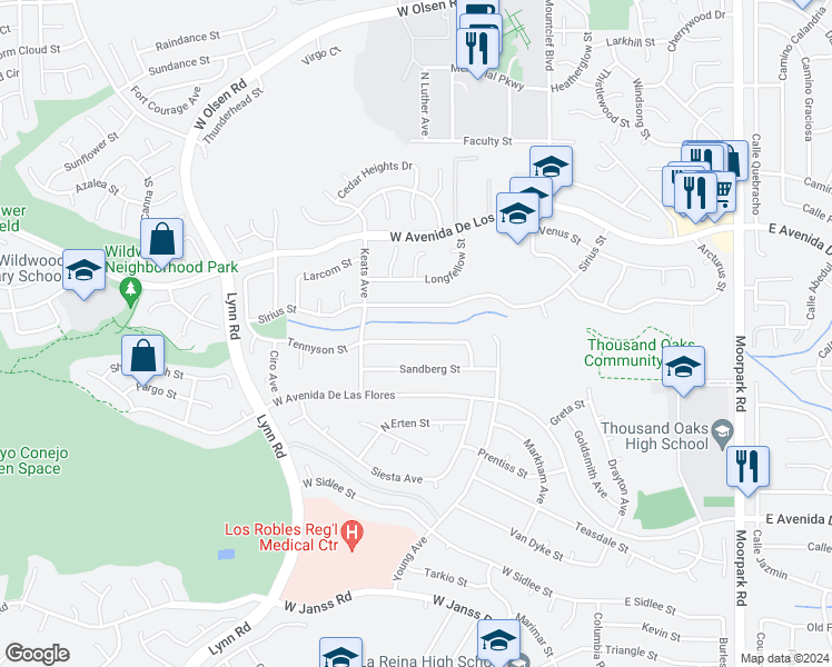 map of restaurants, bars, coffee shops, grocery stores, and more near 187 Tennyson Street in Thousand Oaks