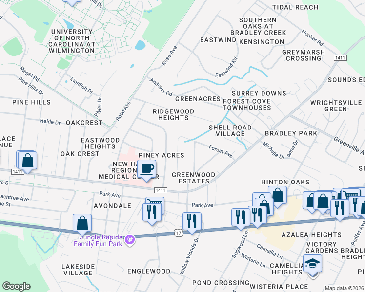 map of restaurants, bars, coffee shops, grocery stores, and more near 1117 Greenwood Avenue in Wilmington