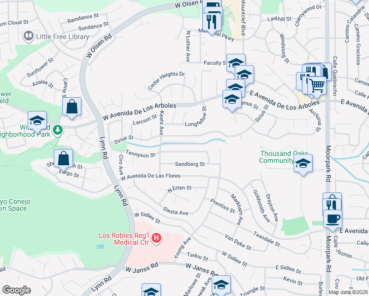 map of restaurants, bars, coffee shops, grocery stores, and more near 187 Tennyson Street in Thousand Oaks