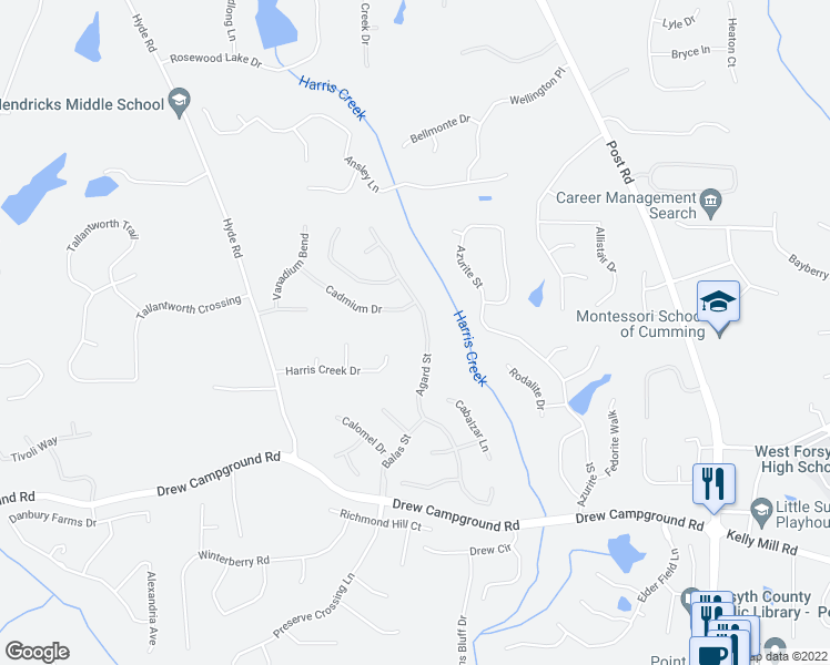 map of restaurants, bars, coffee shops, grocery stores, and more near 4095 Agard Street in Cumming