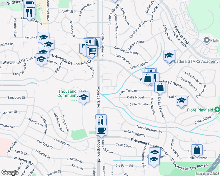 map of restaurants, bars, coffee shops, grocery stores, and more near 2570 Calle Abedul in Thousand Oaks