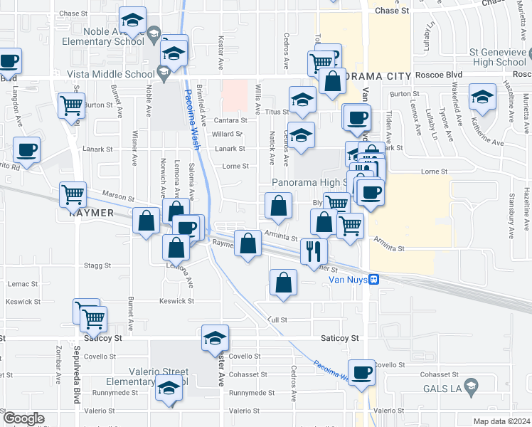 map of restaurants, bars, coffee shops, grocery stores, and more near 7910 Willis Avenue in Los Angeles