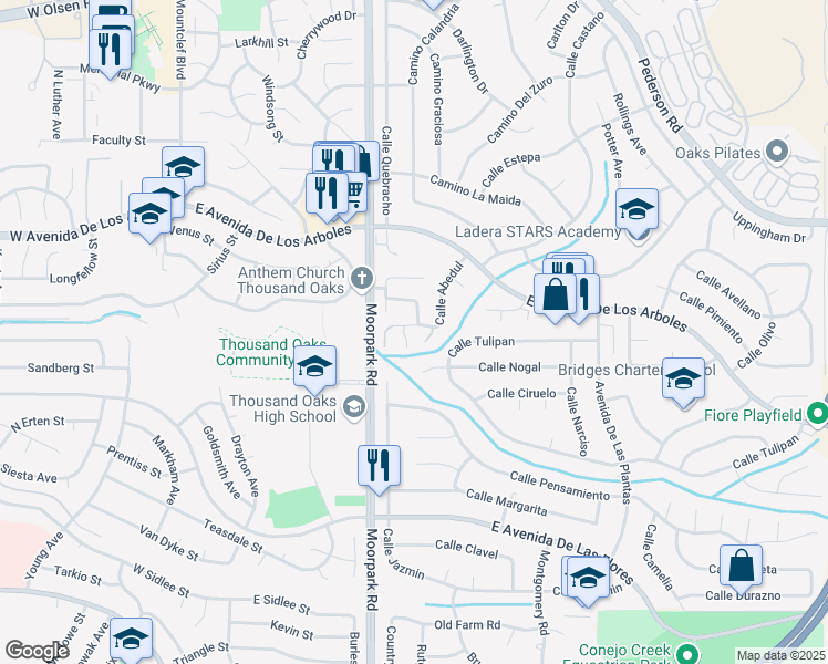 map of restaurants, bars, coffee shops, grocery stores, and more near 2570 Calle Abedul in Thousand Oaks