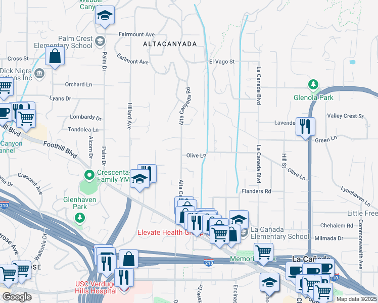 map of restaurants, bars, coffee shops, grocery stores, and more near 1517 Olive Lane in La Cañada Flintridge