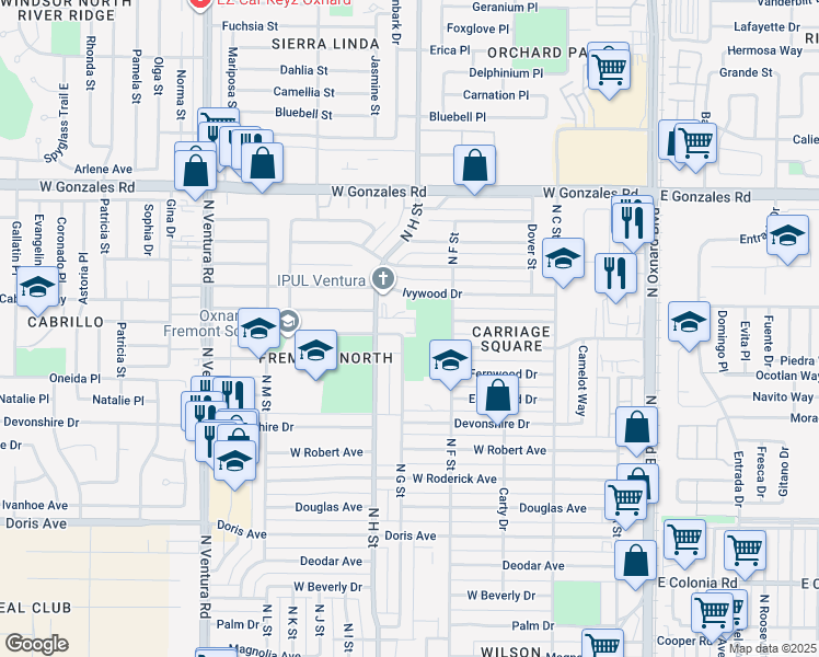 map of restaurants, bars, coffee shops, grocery stores, and more near 811 Glenwood Drive in Oxnard