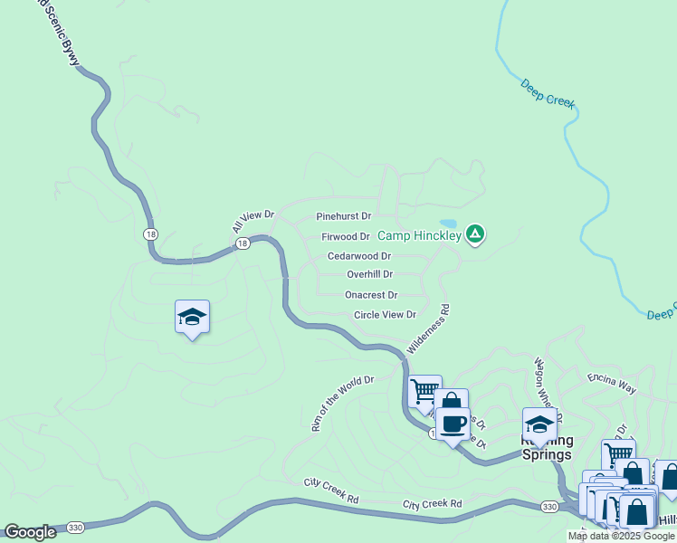 map of restaurants, bars, coffee shops, grocery stores, and more near 31364 Overhill Drive in Running Springs