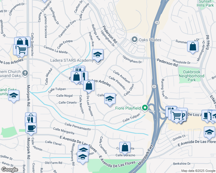 map of restaurants, bars, coffee shops, grocery stores, and more near East Avenida De Los Arboles in Thousand Oaks