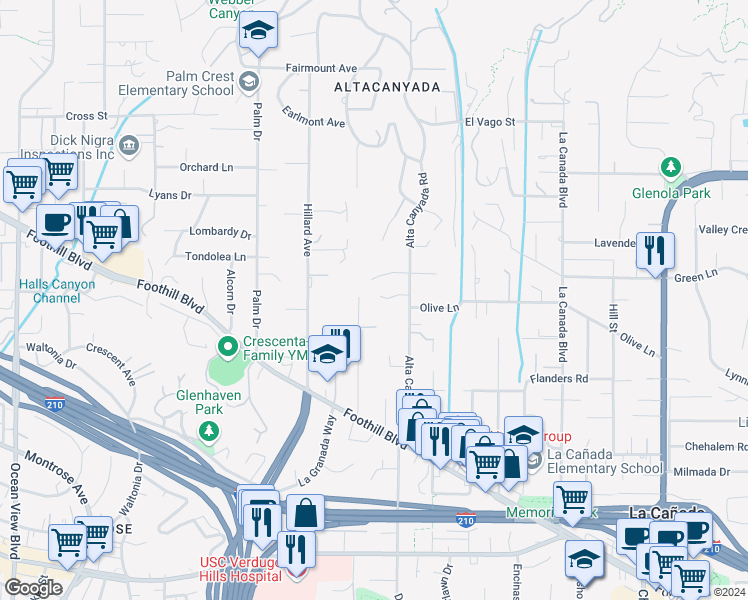 map of restaurants, bars, coffee shops, grocery stores, and more near 1517 Olive Lane in La Cañada Flintridge