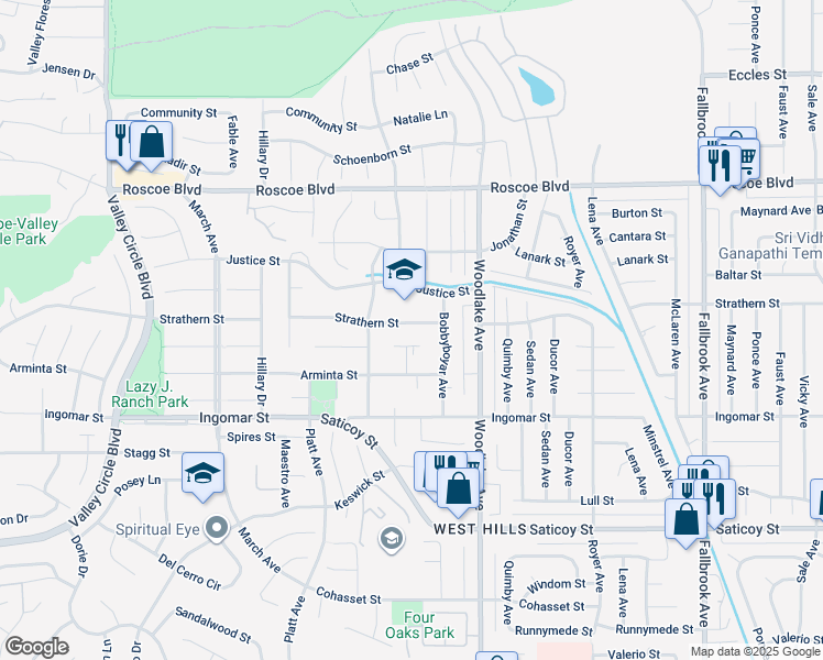 map of restaurants, bars, coffee shops, grocery stores, and more near 23272 Strathern Street in Los Angeles