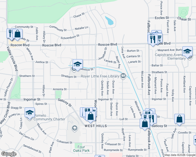 map of restaurants, bars, coffee shops, grocery stores, and more near 23139 Strathern Street in Los Angeles
