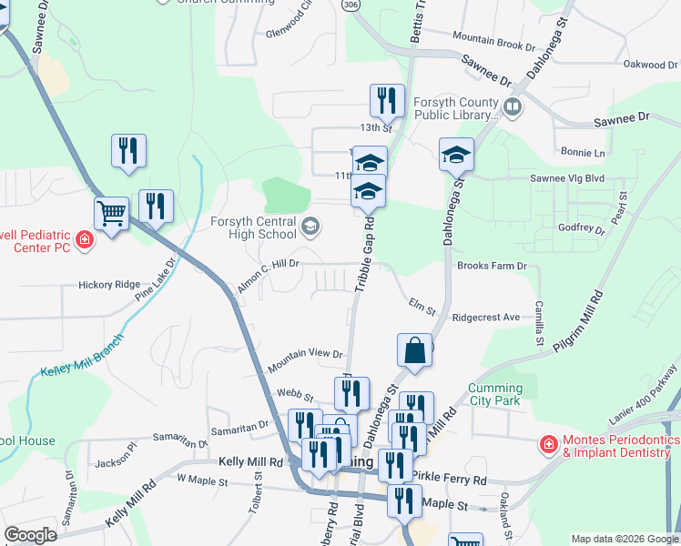 map of restaurants, bars, coffee shops, grocery stores, and more near 230 Elm Street in Cumming