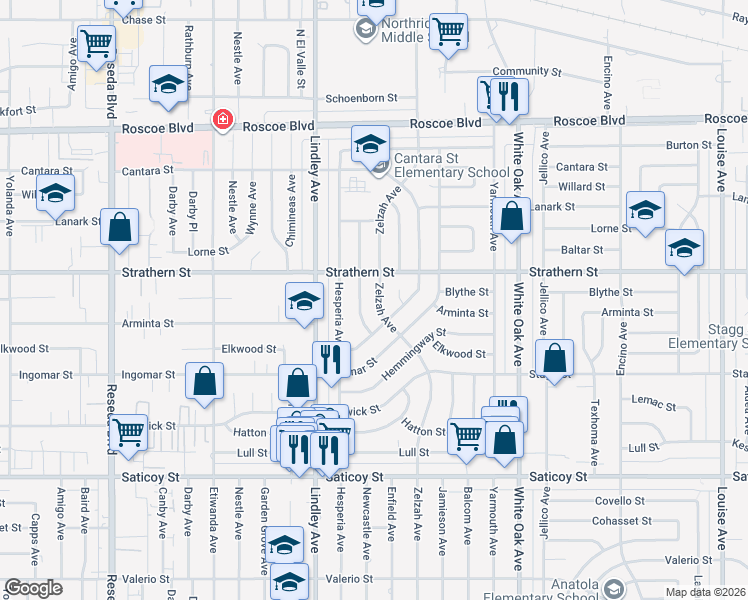map of restaurants, bars, coffee shops, grocery stores, and more near 7927 Zelzah Avenue in Los Angeles