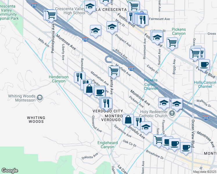 map of restaurants, bars, coffee shops, grocery stores, and more near 2806 Manhattan Avenue in Glendale
